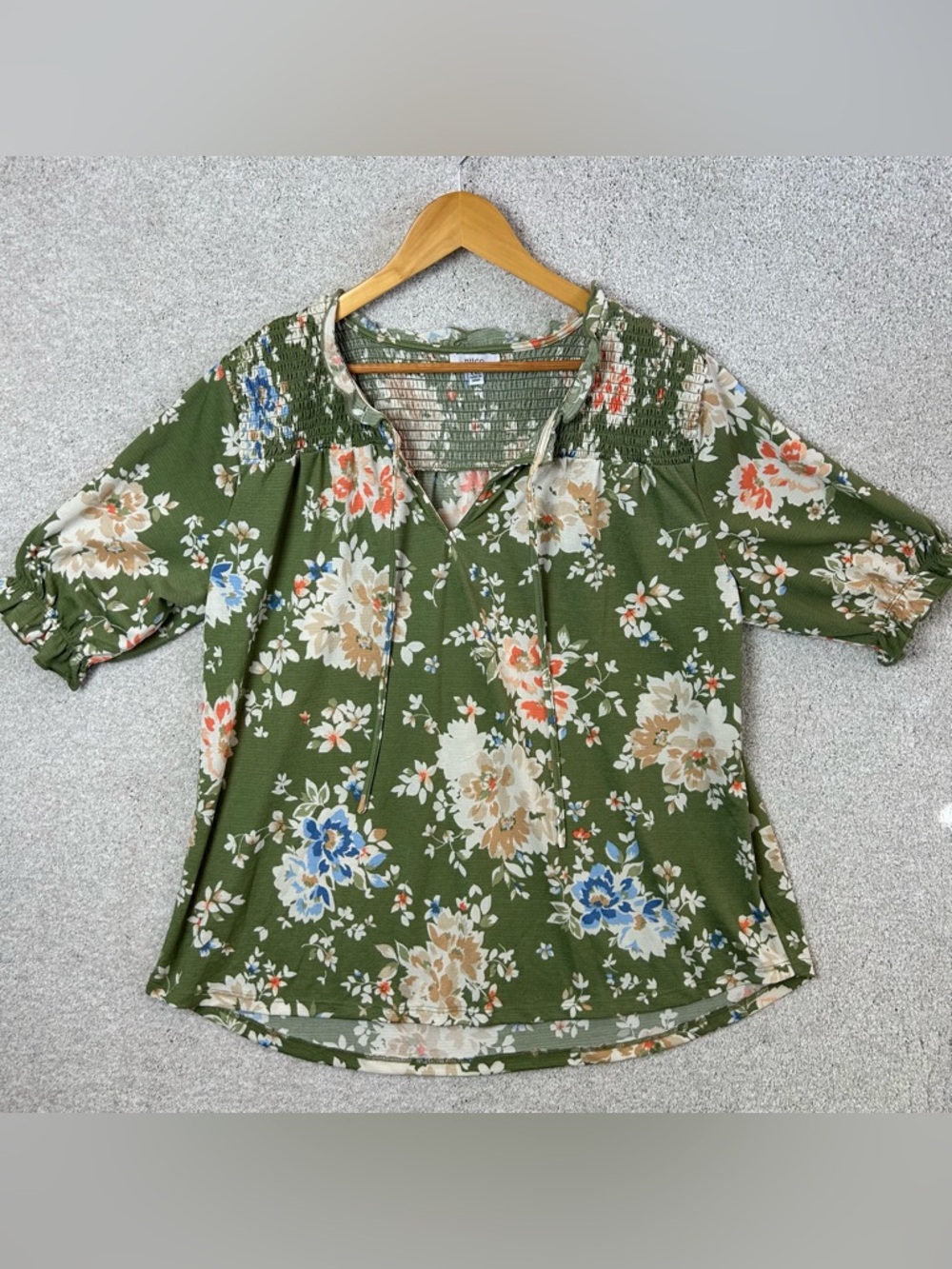 Nuco Olive Green Floral Smocked Yoke Women's Top XXL
